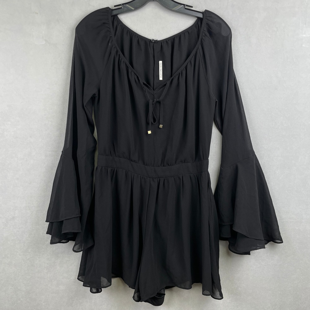 Mustard Seed Black Long Bell Sleeve Slit Back‎ Boho Whimsigoth Romper NP7001 M